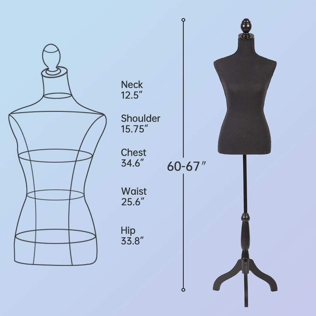 Female Mannequin Torso Dress Form Manikin Body with Wooden Tripod Base Stand