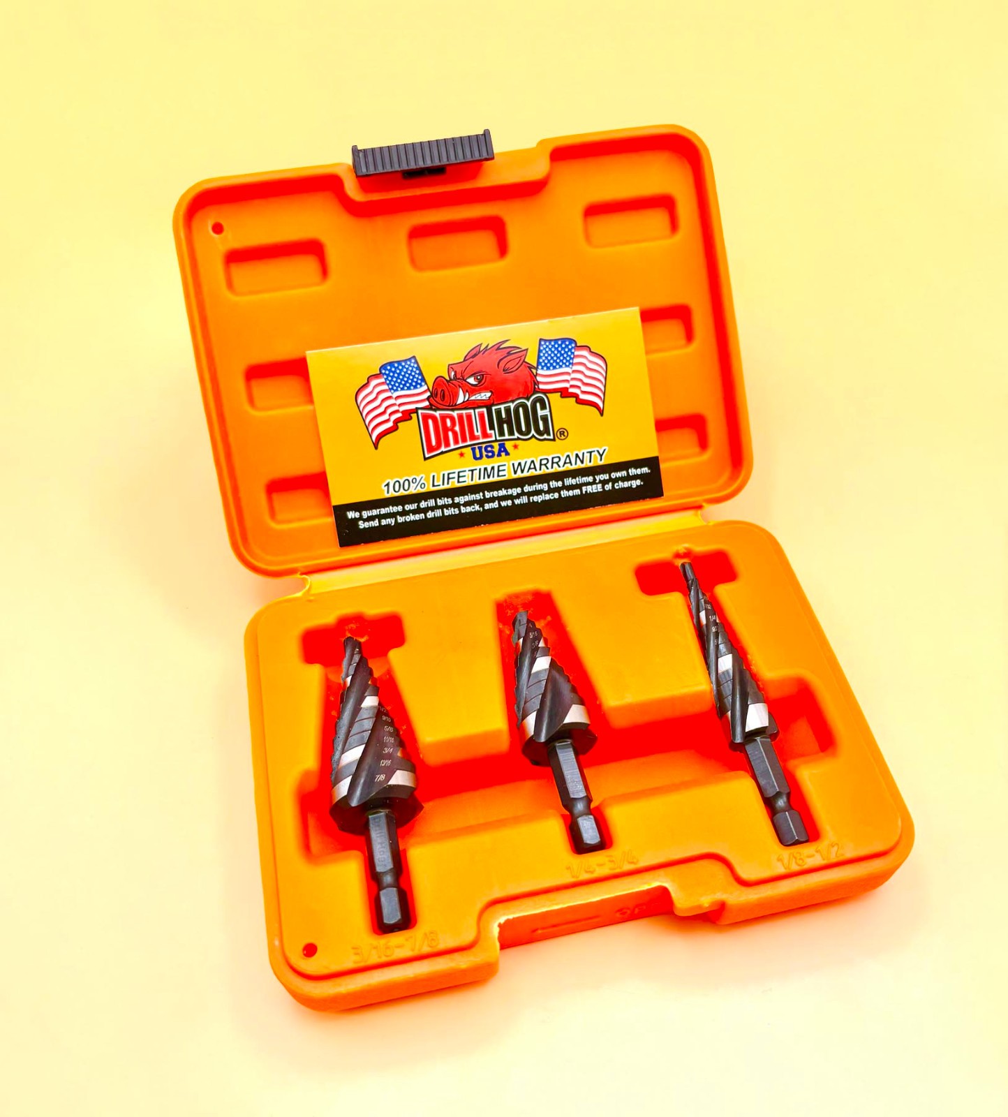 3 Pc Cobalt M42 AlTiN Quad Flute Step Drill Bit Set Drill Hog® Lifetime Warranty