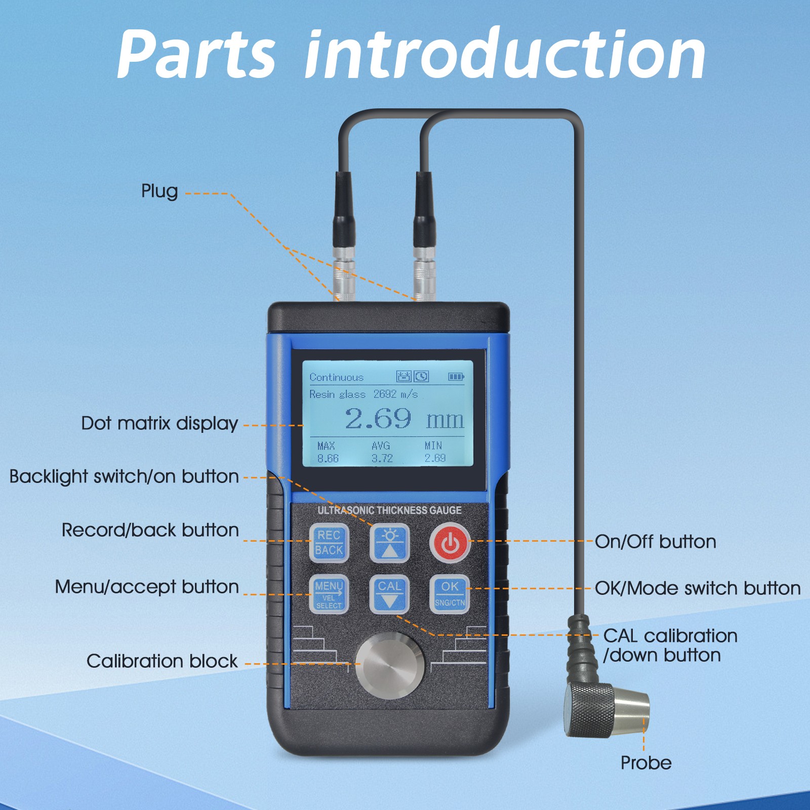 Digital Ultrasonic Thickness Gauge Tester Meter 0.8-500mm Plastic Steel Metal US