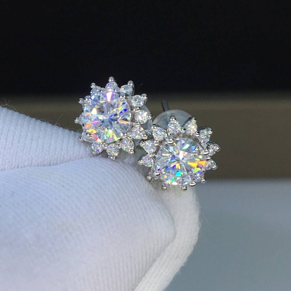 2.00 TCW Round Cut Halo Moissanite Wedding Earring Solid 14K White Gold For Her