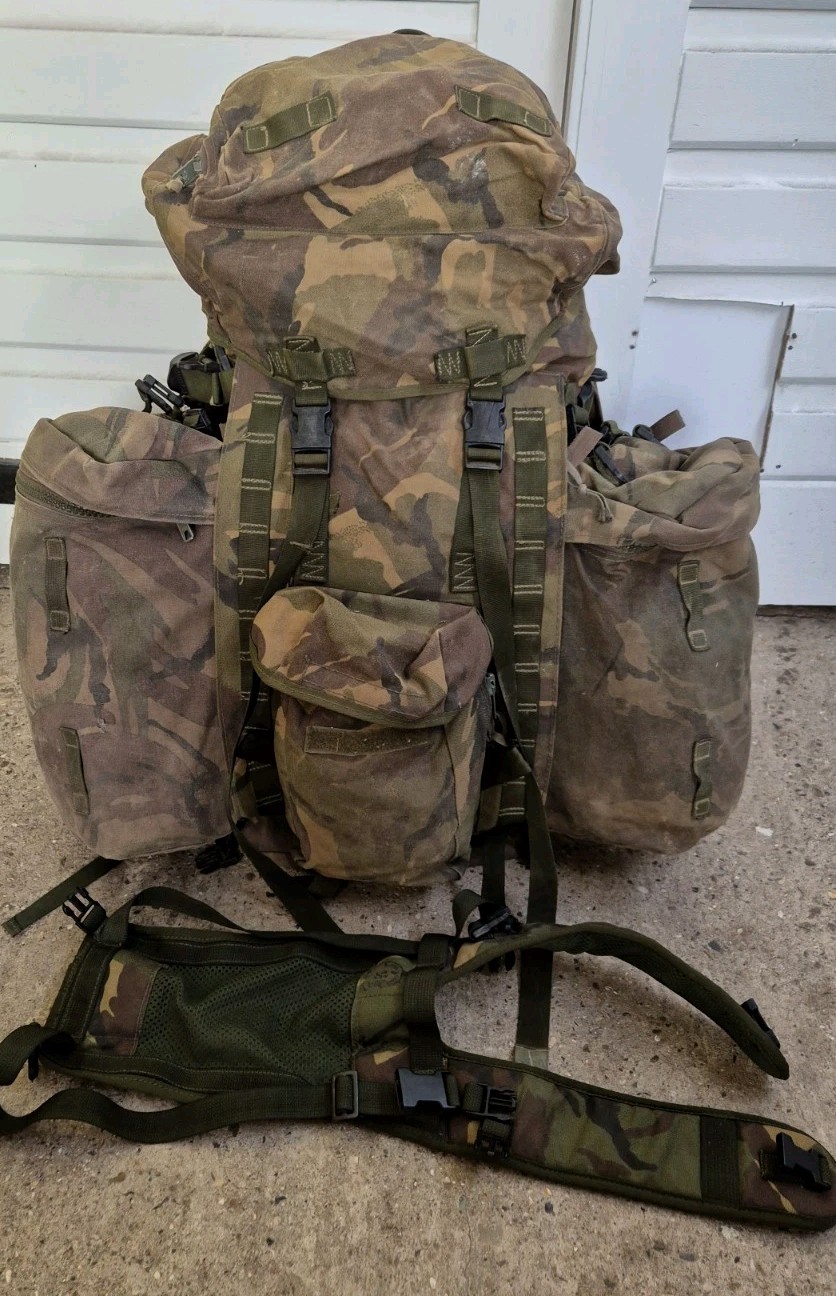 GENUINE BRITISH ARMY BERGEN RUCKSACK DPM LONG BACK 120L SIDE POUCHES +YOKE 1995