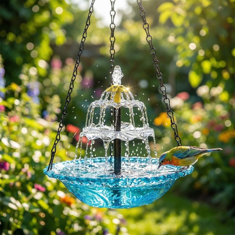 2026 NEW Solar Cascade Hanging Bird Bath Fountain with Glass Bowl Solar Powered