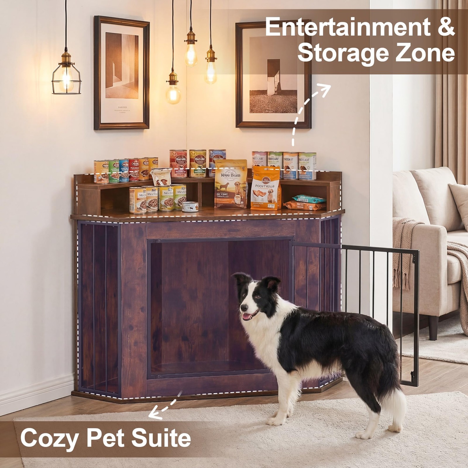 Corner Dog Crate Furniture Wooden 2-Tier Storage Shelves Anti-Chew TV Stand
