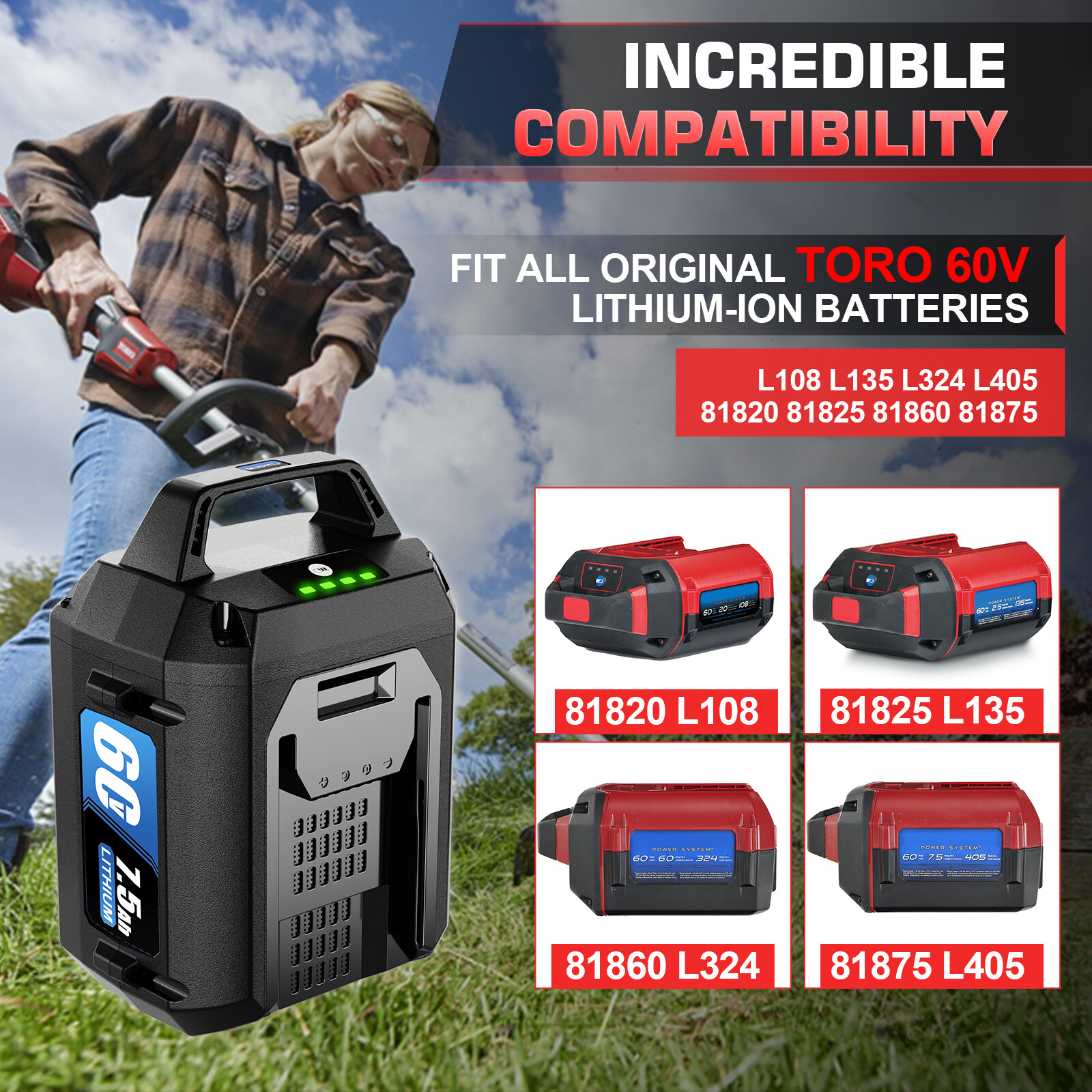 7.5Ah For Toro Flex Force 60V Max Lithium-ion Battery L108 L135 L216 L324 L405