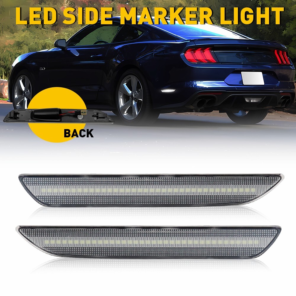 For 2015-2022 Ford Mustang LED Rear Bumper Side Marker Lights Clear Lens White