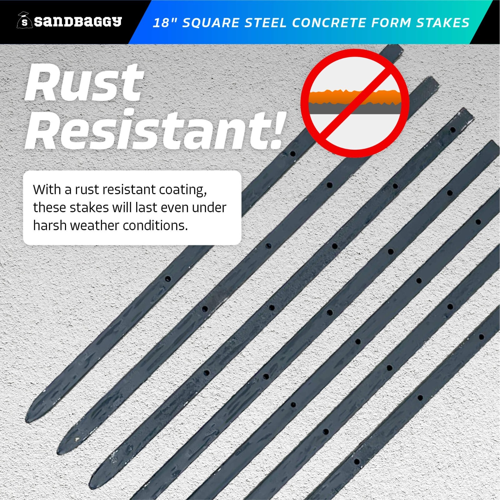 Sandbaggy 5/8" x 18" Square Steel Concrete Form Stakes w/ Nail Holes - Rebar Pin