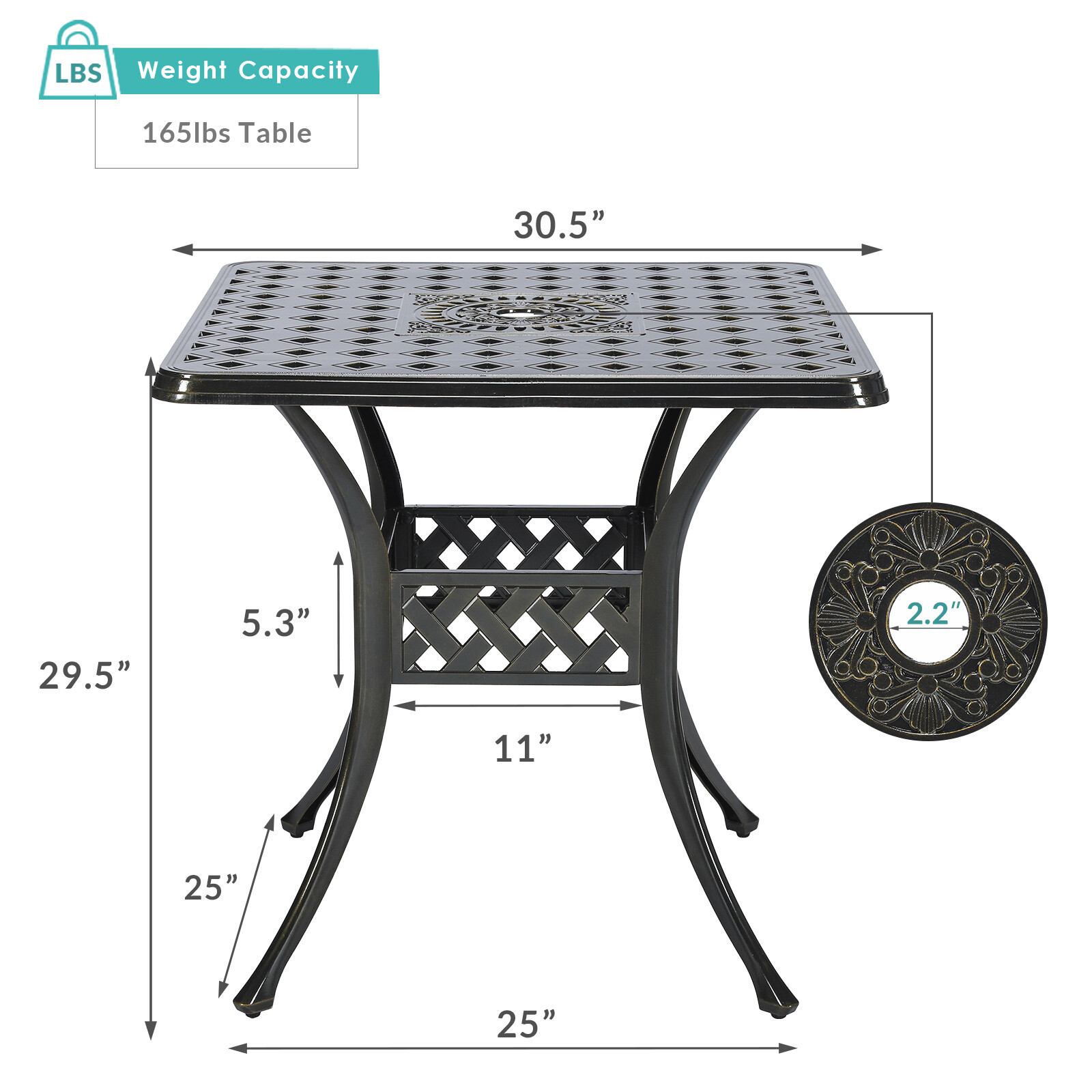 Outdoor Patio Square Dining Table Cast Aluminum All-Weather W/ Umbrella Hole