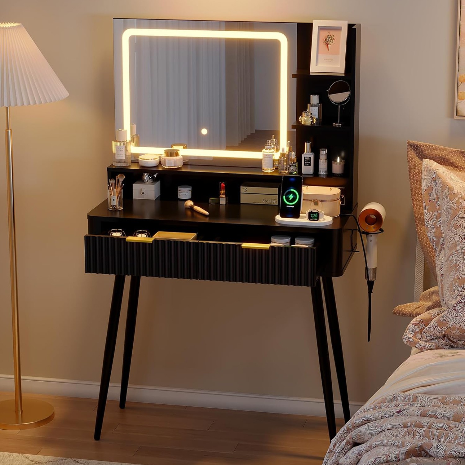 31 in Makeup Vanity Desk Table with Mirror and Lights, Power Outlet & Storage