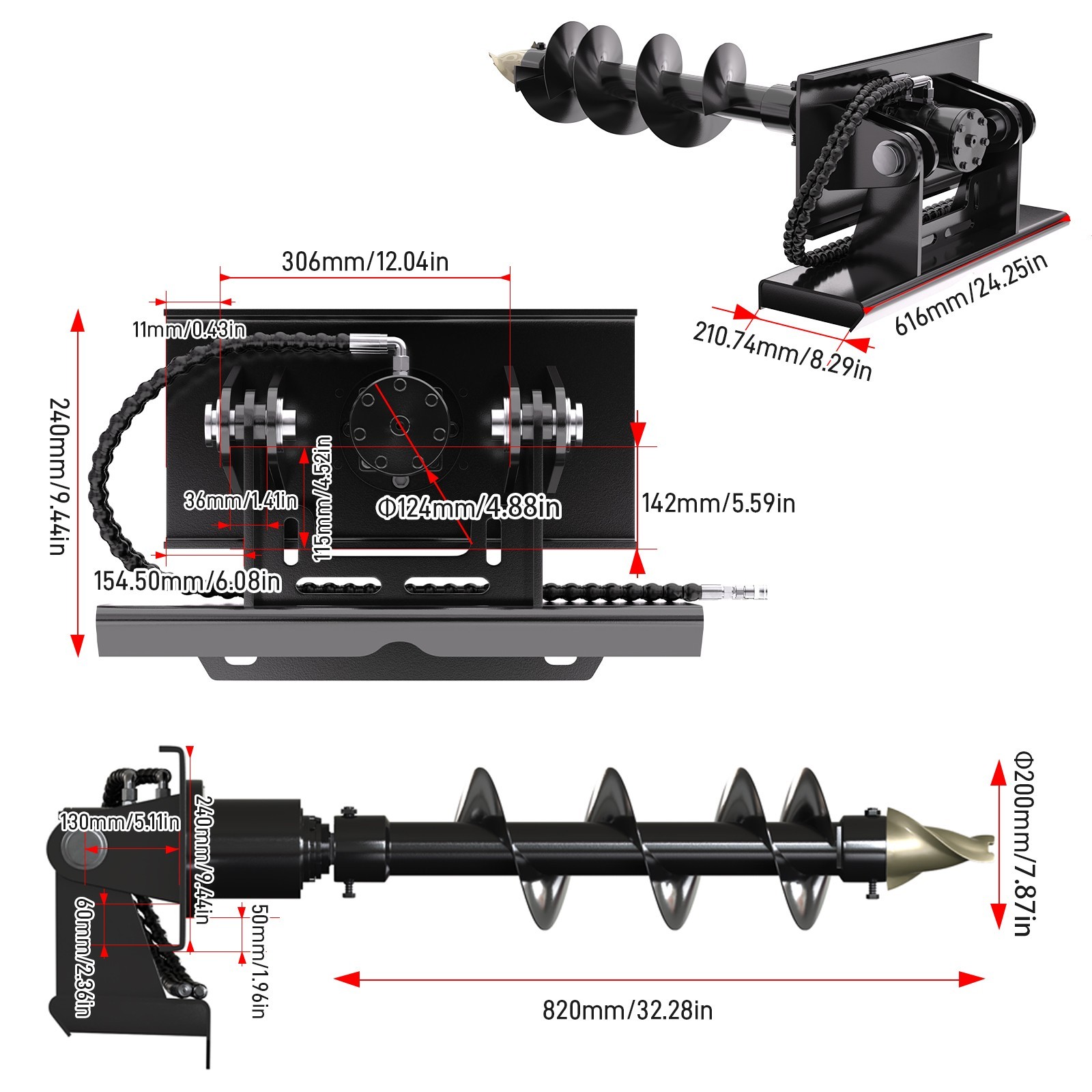 Hydraulic Auger Post Hole Drill for Mini Skid Steer Loader