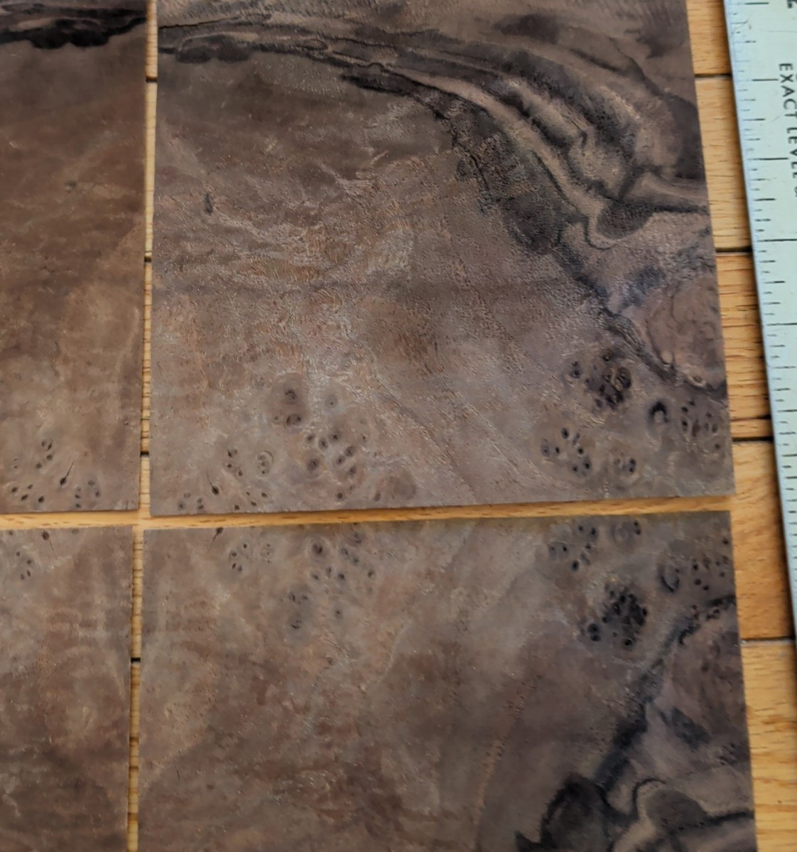 Walnut burl veneer 4 pieces 6" x 6 1/2" each wood 1/42" raw