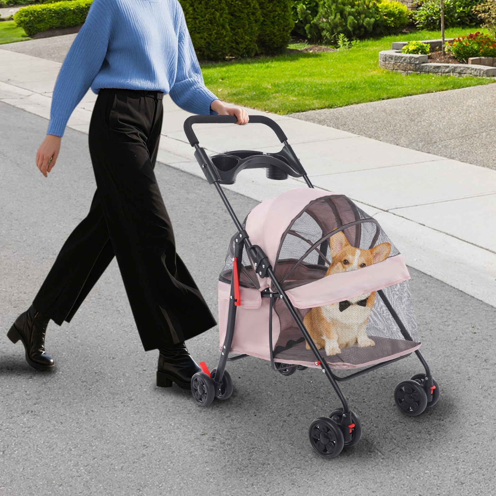 Dog Cat Stroller Pet Travel Carriage 4 Wheels Foldable Pets Carrier Cart PINK