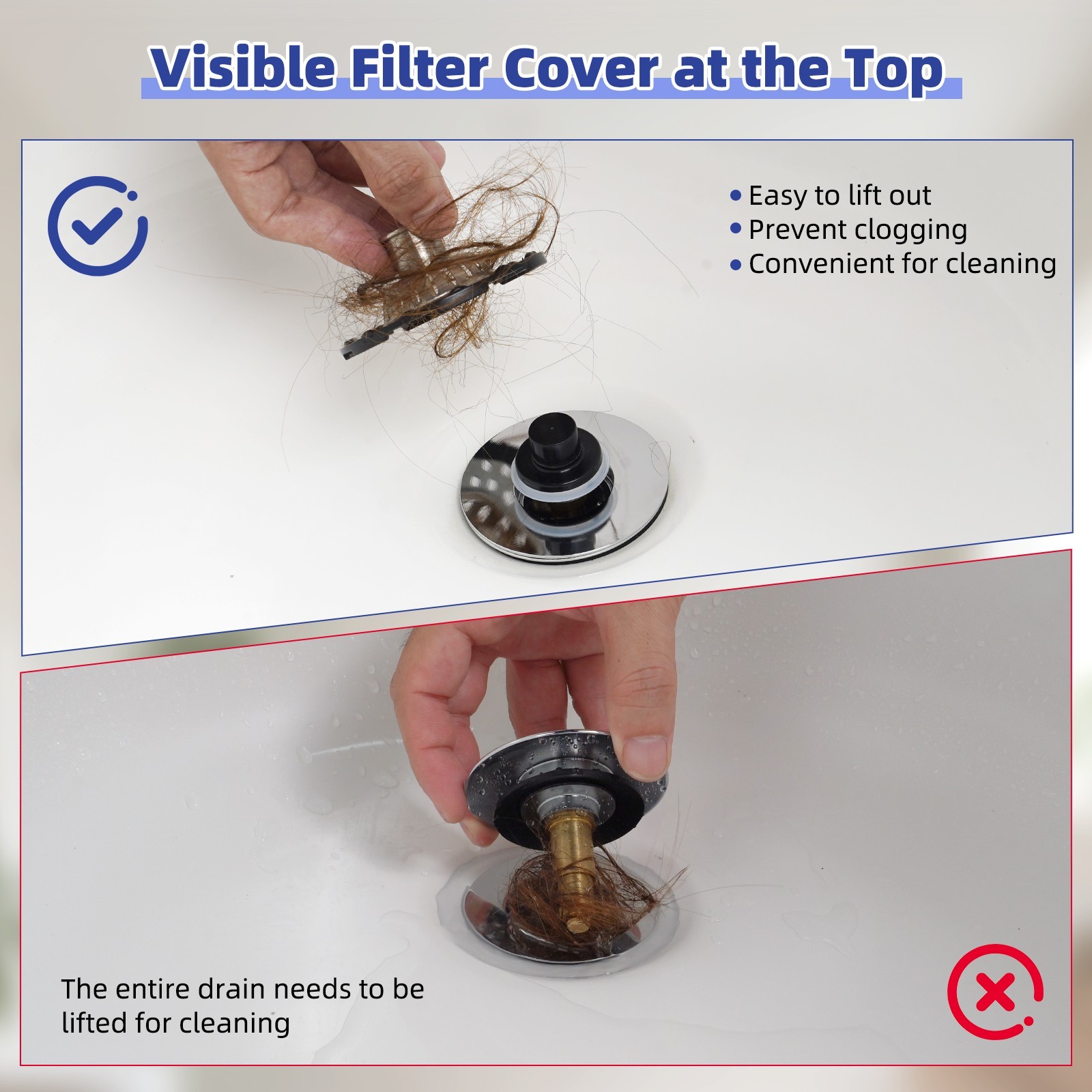 Universal Bathtub Drain Stopper - Pop-Up Hair Catcher for Tub 1.5 to 2.4" Hole