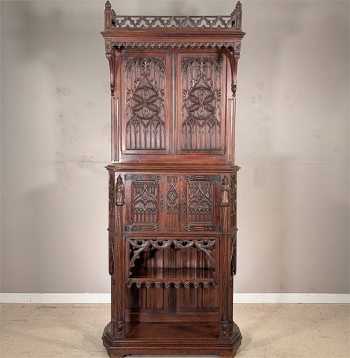 Premium Quality Antique French Gothic Carved Walnut Cabinet Pedestal