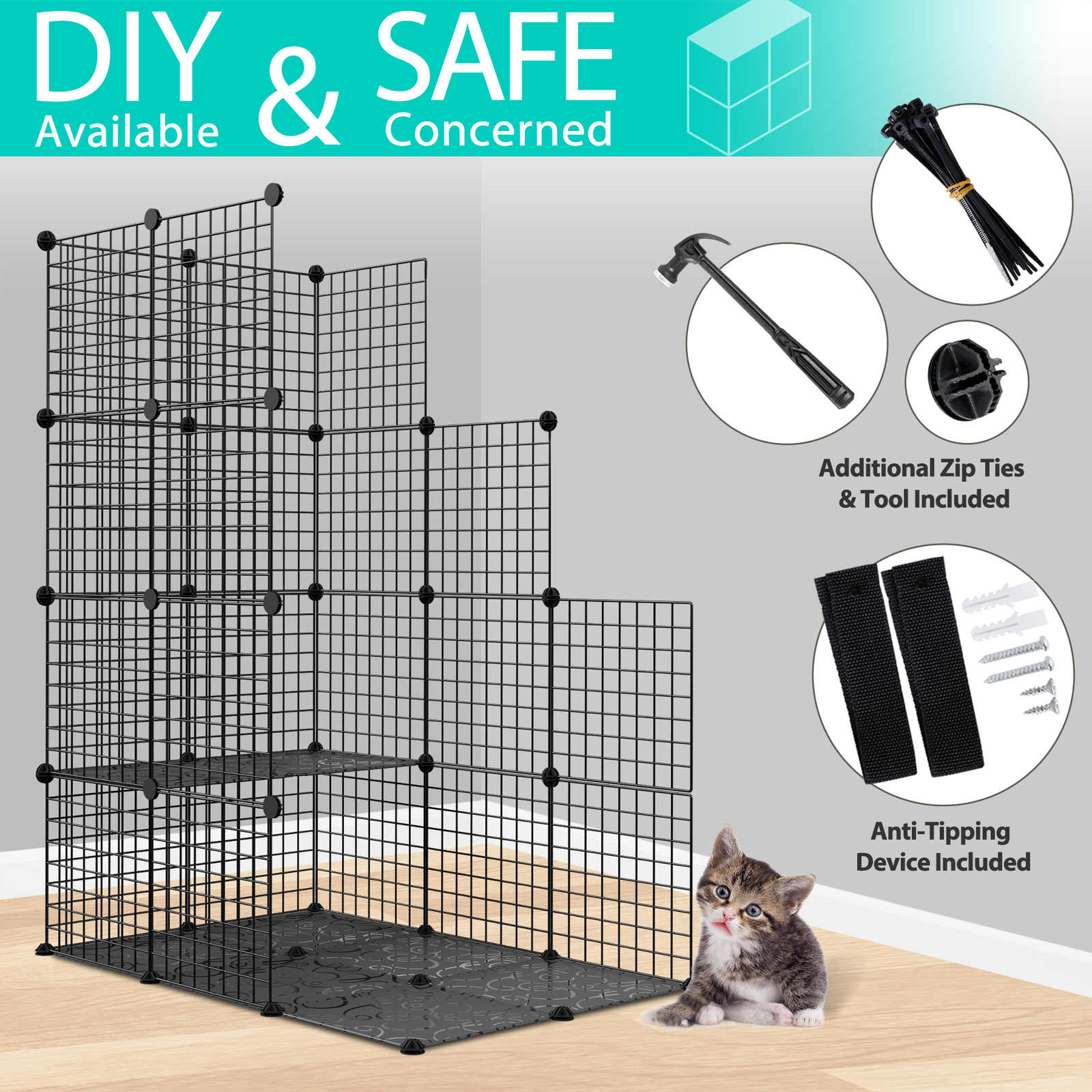 4-Tier Cat Cage Indoor Cat Enclosures DIY Detachable Metal Cat Kennel w/Hammock