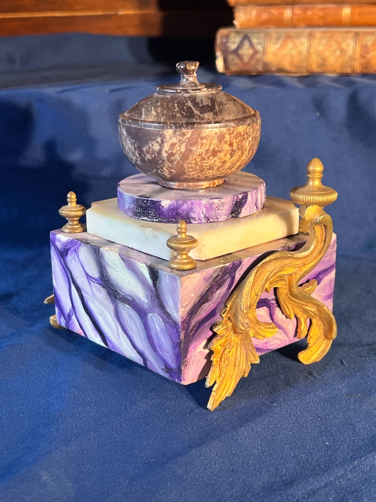 Napoleon III Style French Inkwell With Gilt Bronze Appliques and Marble Basin
