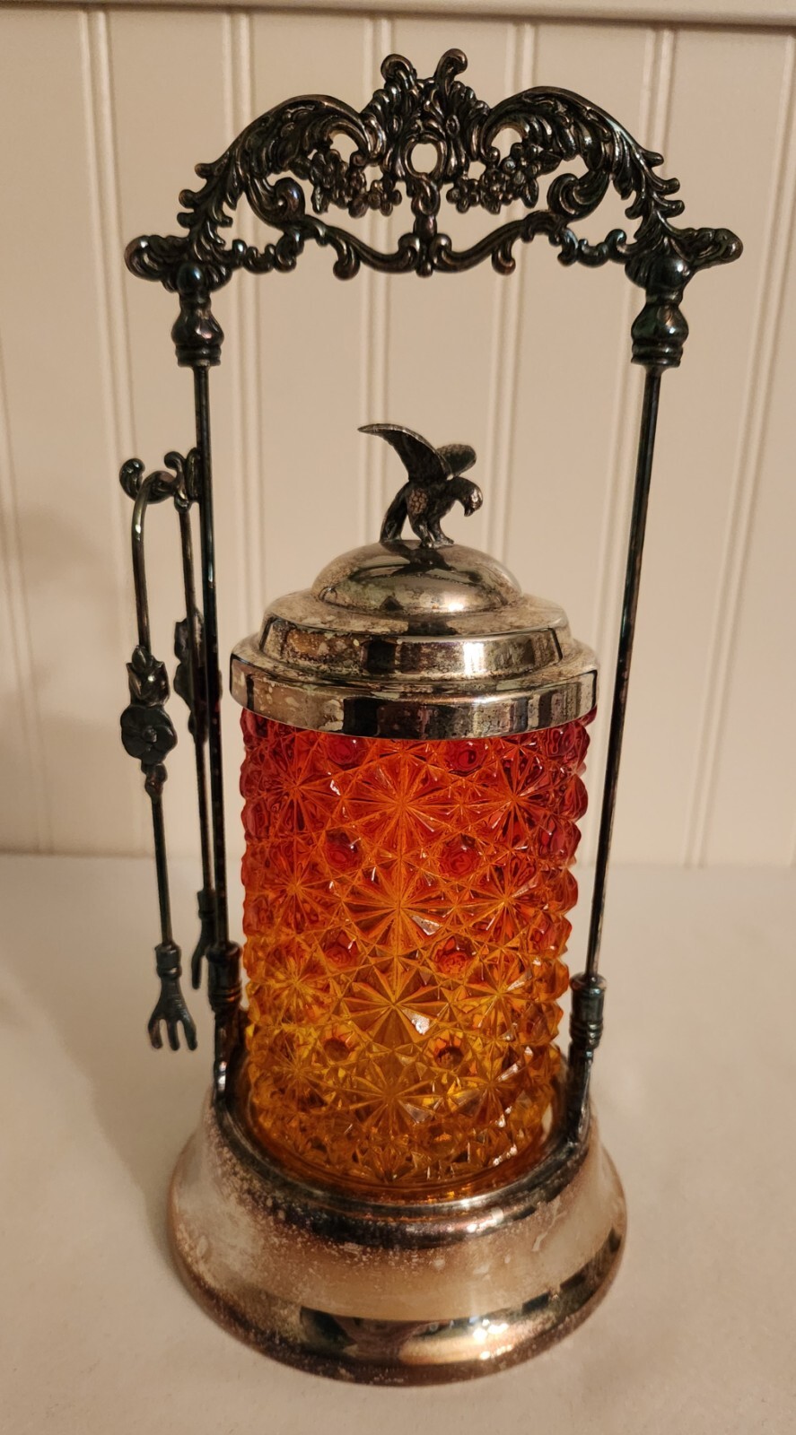 Antique Victorian Amberina Glass Daisy Button Pickle Castor Ornate Eagle Finial