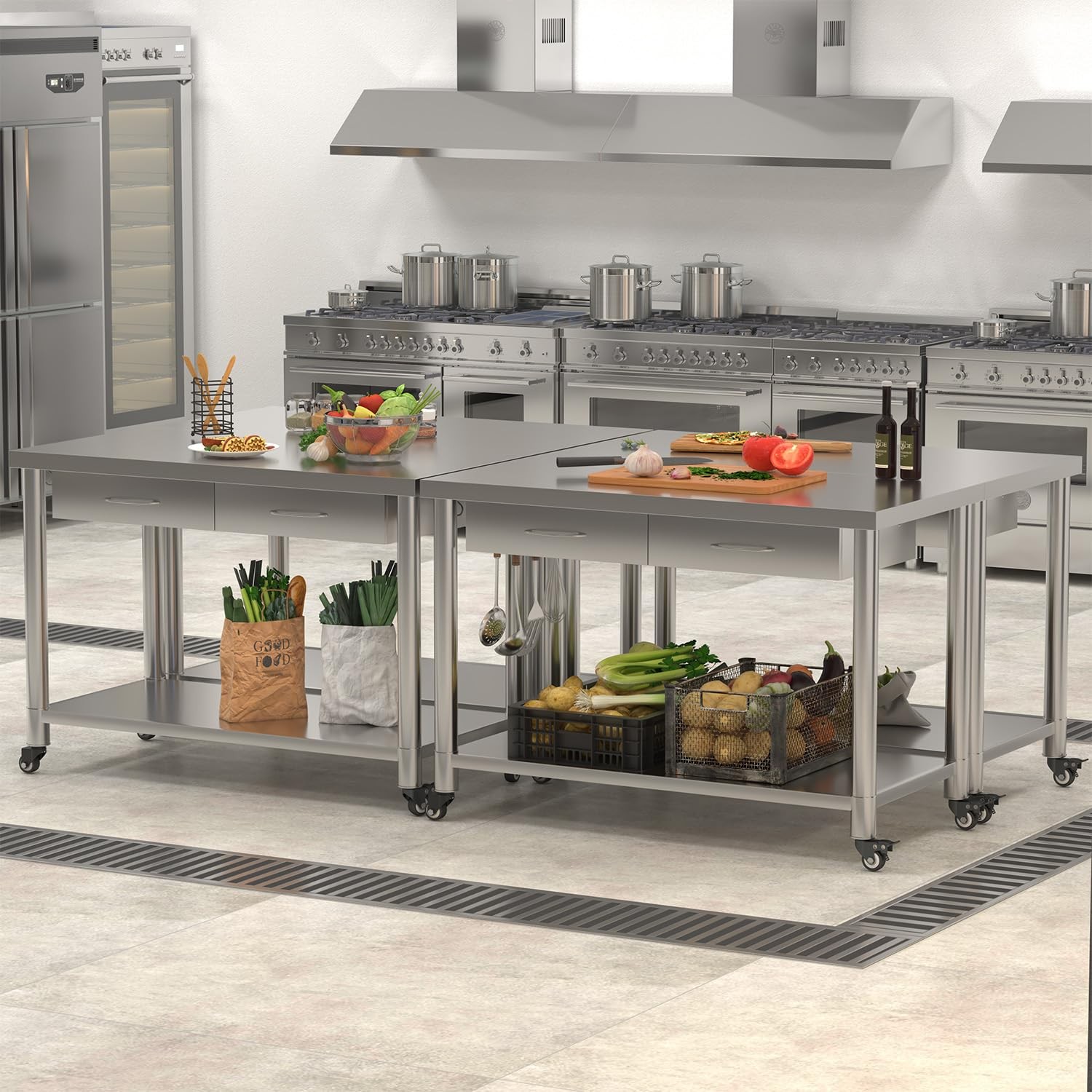 48"x24" Stainless Steel Work Table with Drawers, Rolling Kitchen Prep Workbench