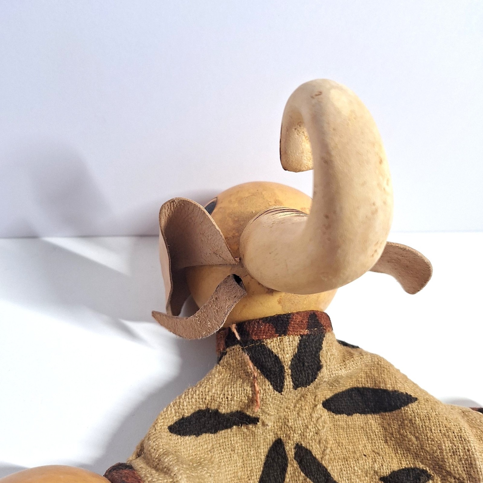 African Elephant Gourd Puppet Leather Handmade Ears Tusks Tribal Fabric READ