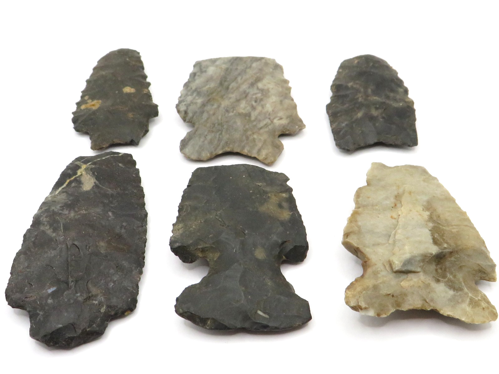 6pc LOT of NOTCHED INDIAN ARROWHEAD - AUTHENTIC w GREAT COLORS**