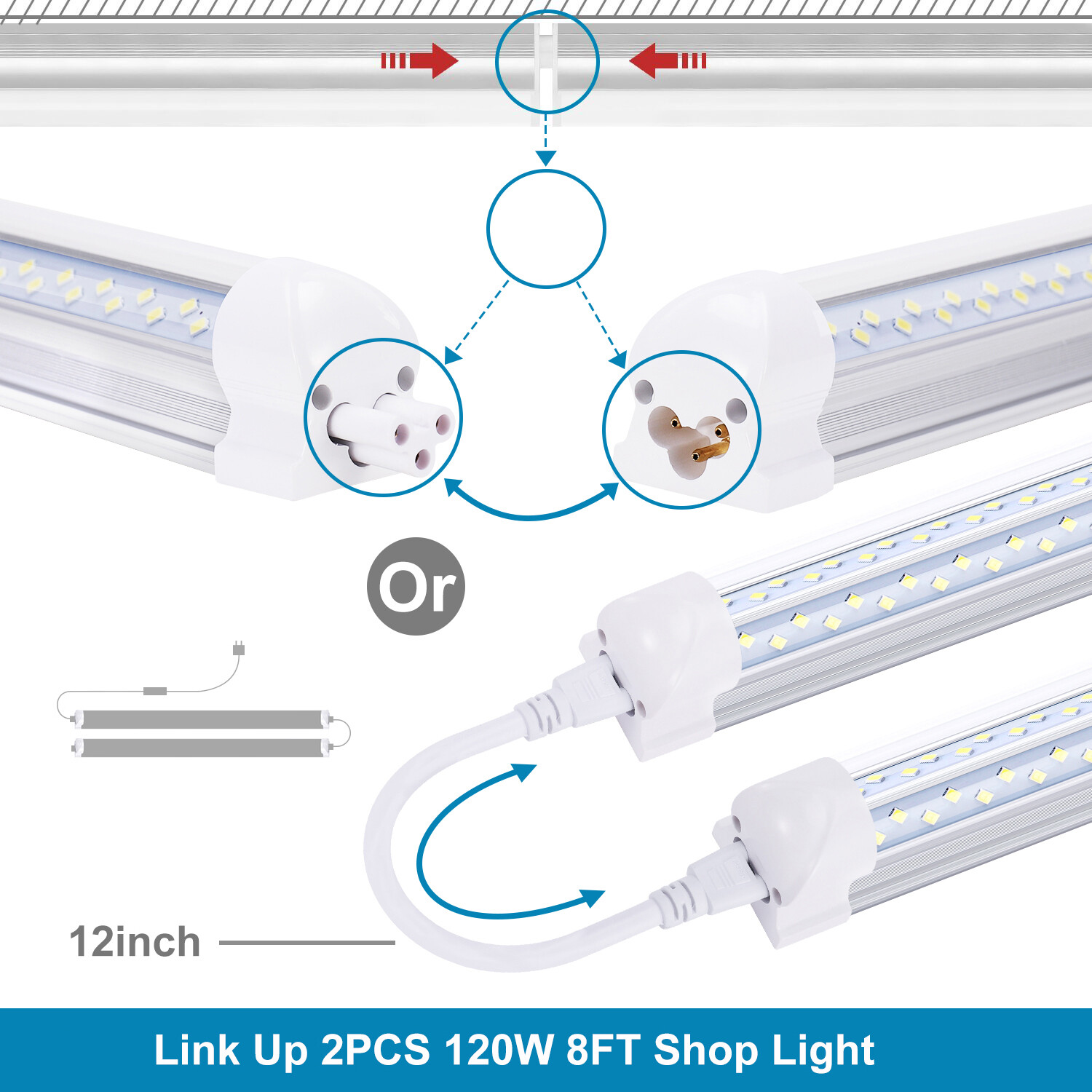 6PACK 8FT LED Shop Light 120W T8 Linkable LED Light Fixture For Garage Warehouse