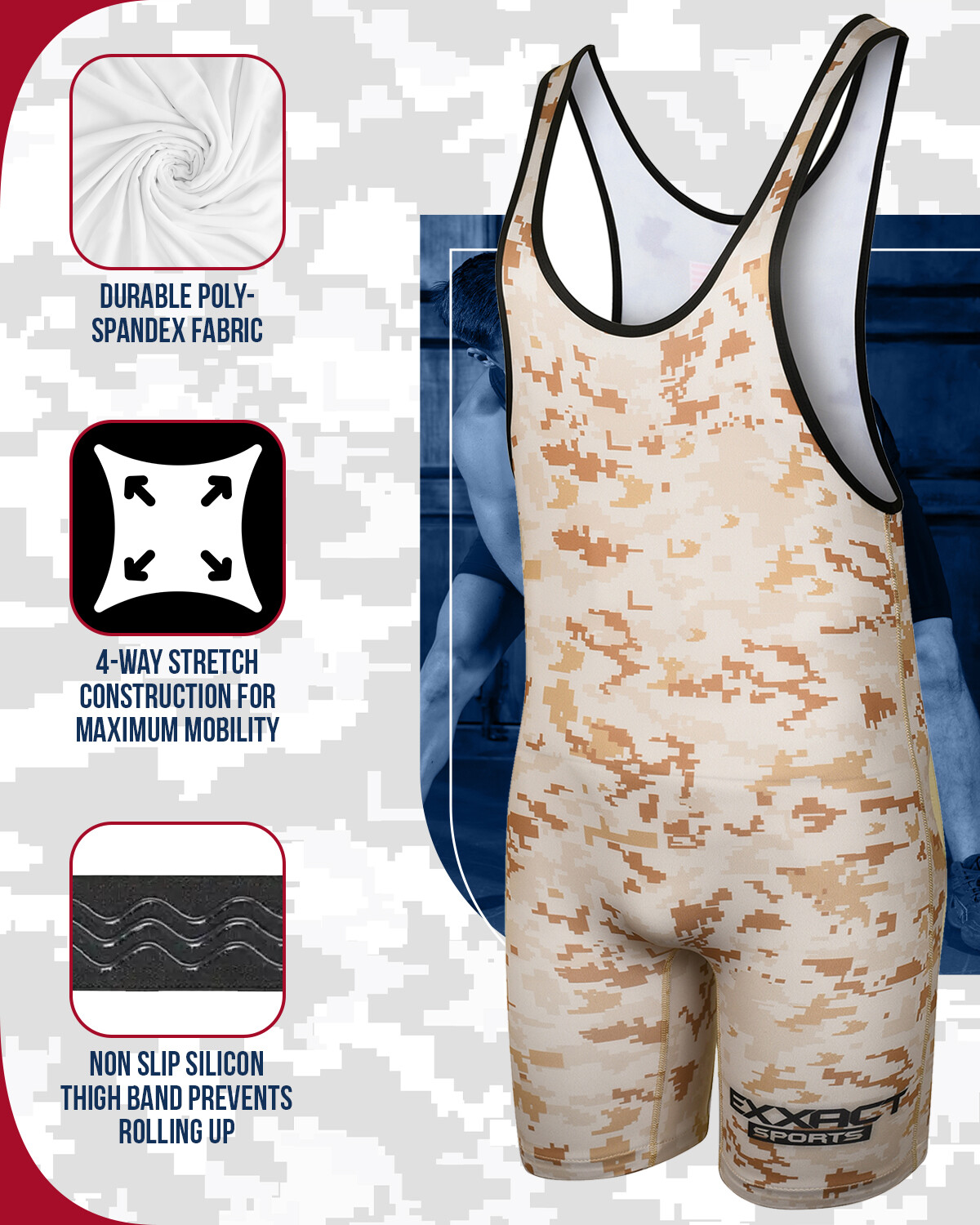 Exxact Sports Camoflage Wrestling Singlet for MMA, Powerlifting Singlet Youth