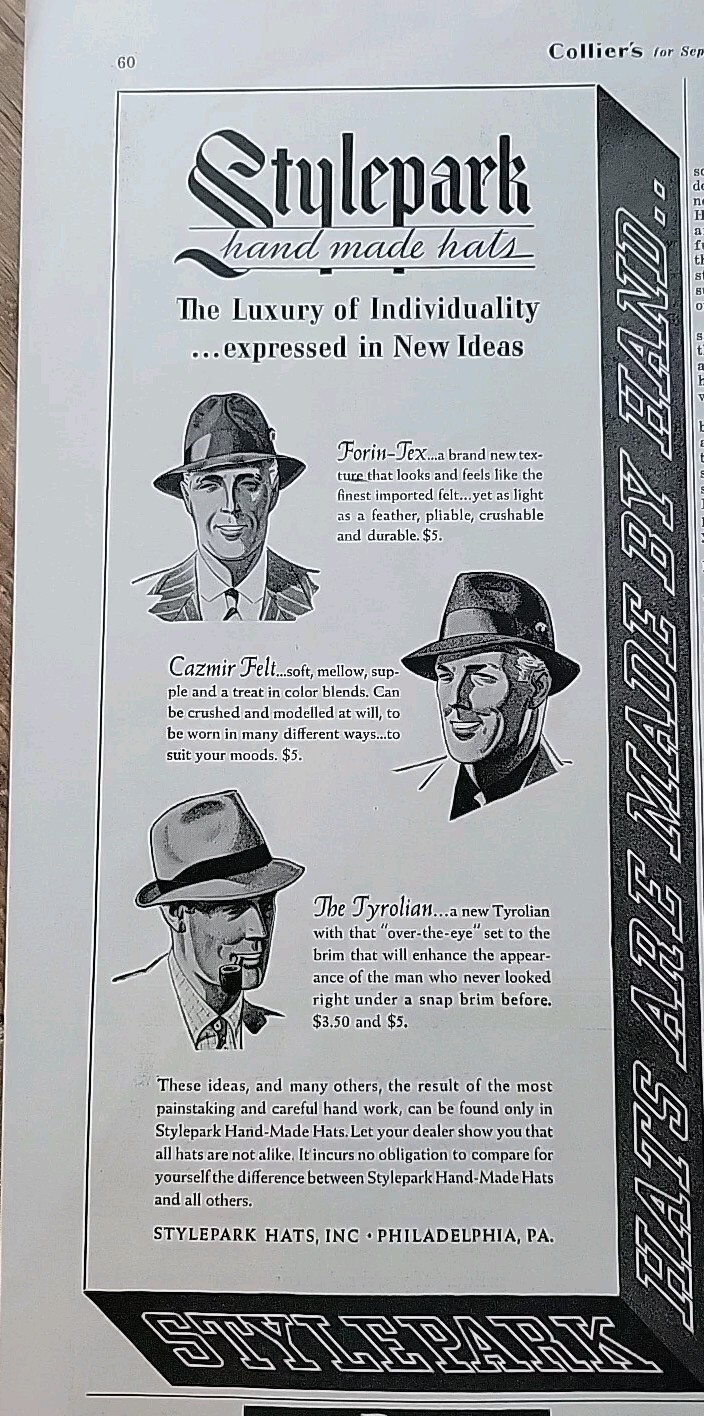 1935 mens Stylepark hand made hats Forin Cazmir Tyrolian vintage fashion ad