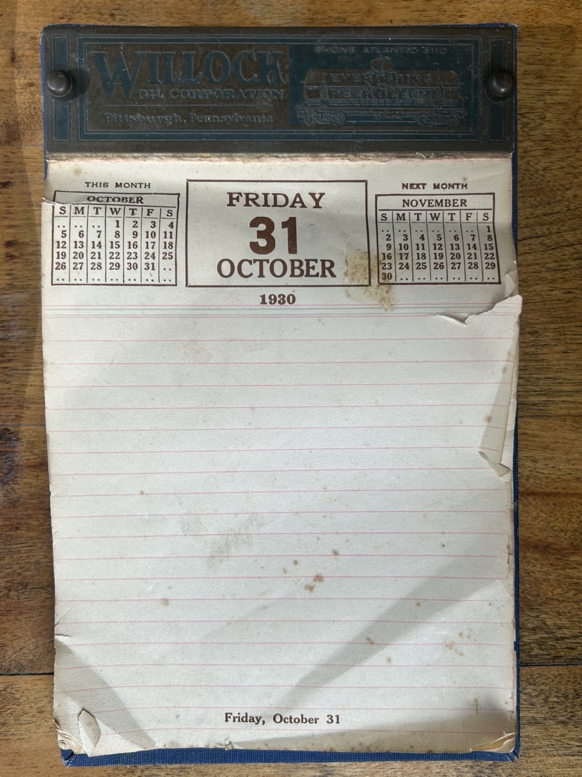 1930 WILLOCK OIL Calendar EVERYTHING PETROLEUM Pittsburgh Pa x/r WAVERLY +Spooky