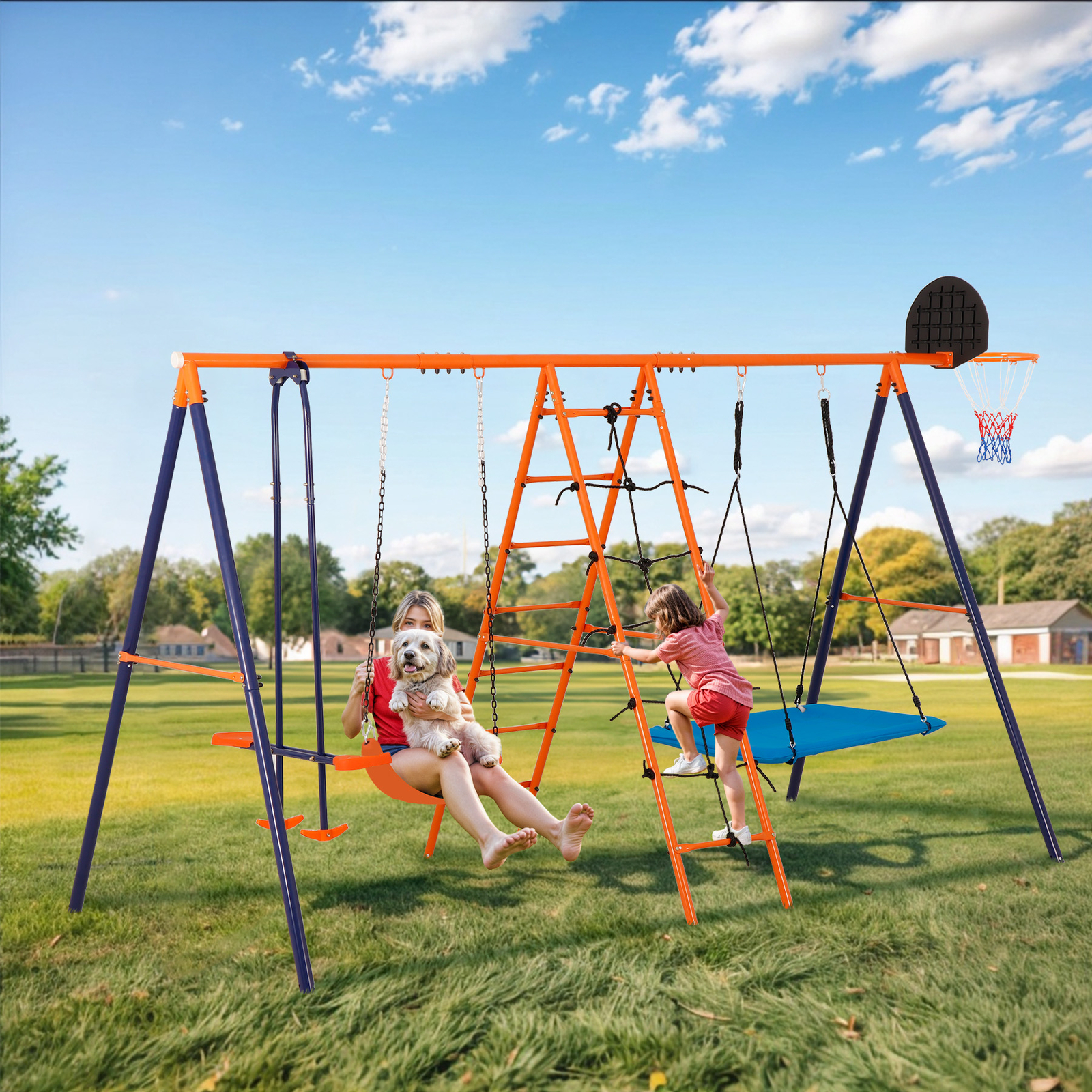 6-in-1 Swing Sets for Backyard Multifunction Metal Playground Swing Set for kids
