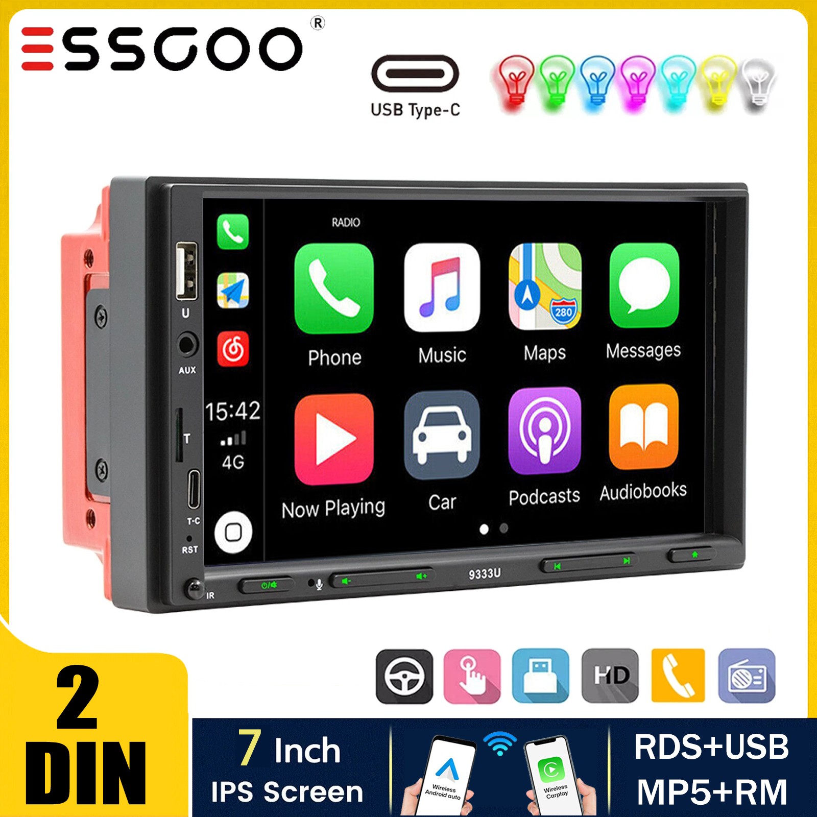 Double 7" 2Din Touch Screen Car Stereo Bluetooth Radio Apple/Android Carplay GPS