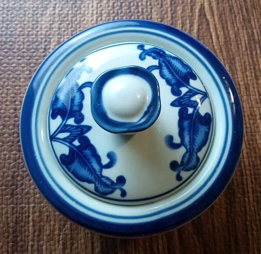 Bombay Company Blue and White Sugar Bowl Ceramic Circle Low Pot Top Lid