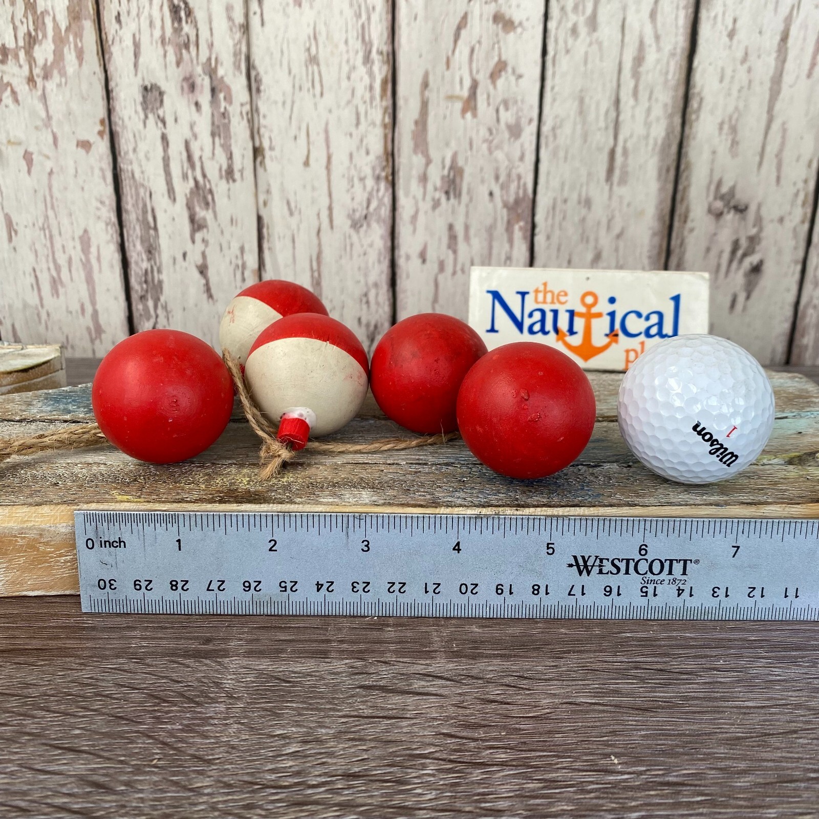 5 Wood Bobbers On Jute Rope, Distressed Red & White Fish Net Floats, Decor