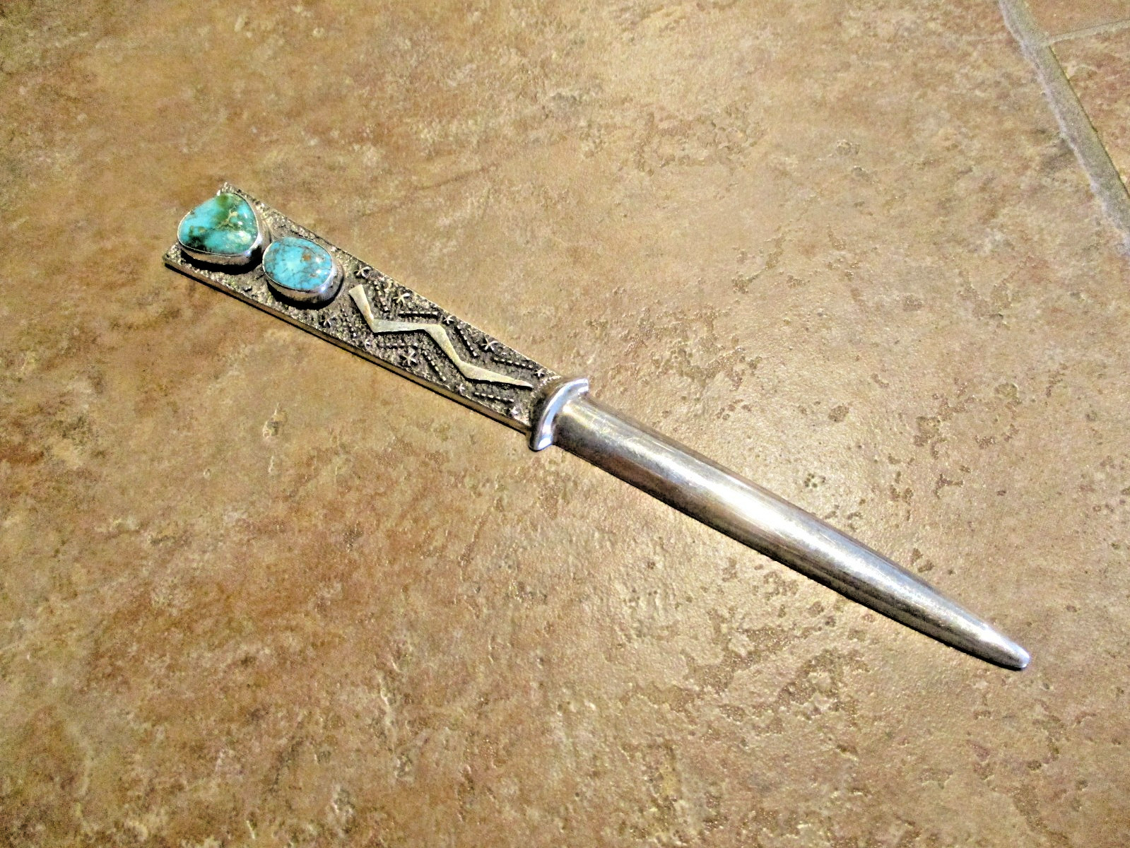 7" TOP SHELF !!! Vintage Navajo Sterling Turquoise Sandcast LETTER OPENER