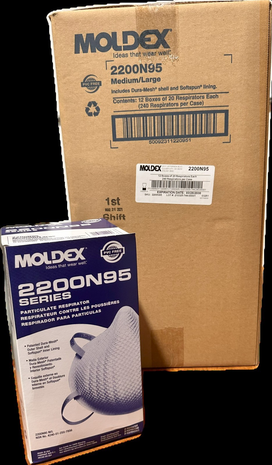 Moldex 2200 N95 Particulate Respirator MD/LG Dust Particle Masks 12 BX Case