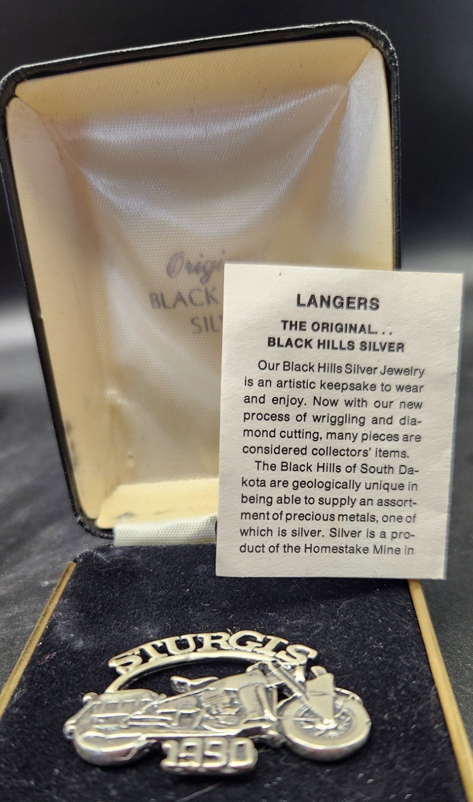 Rare Vintage 1990 Sturgis Sterling Silver Motorcycle Pin in Box