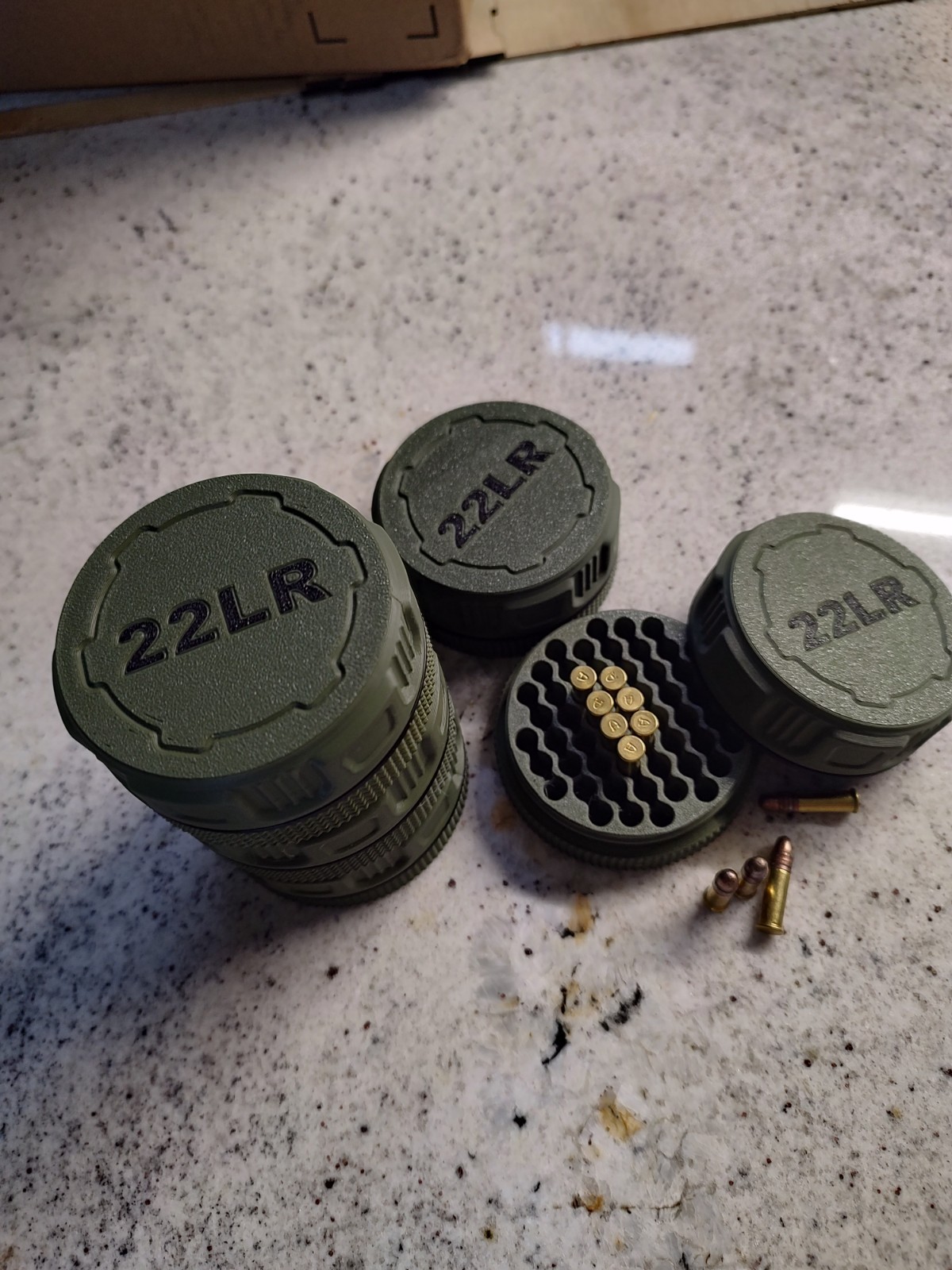 5-22 LR cartridge Mini Ammo Box, Stackable. Holds 55 Rounds ea. Screw on Lid.