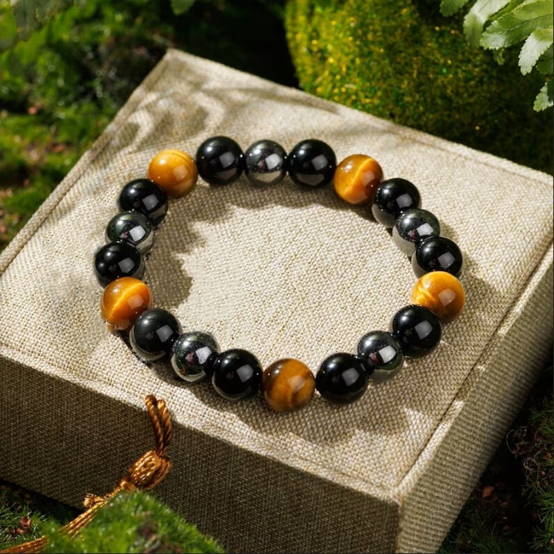 Obsidian Tiger Eye Hematite 10mm Beads Healing Triple Protection Men Bracelet