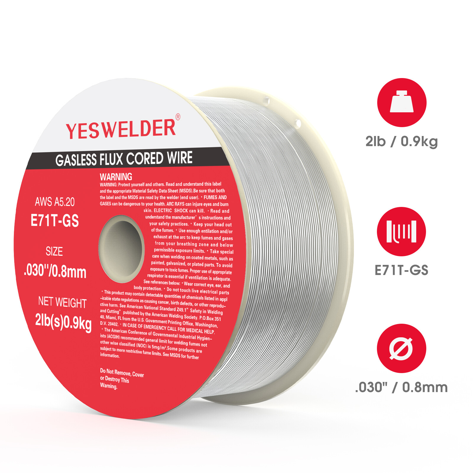 E71T-GS .030" 0.8mm-Gasless Flux Core MIG Welding Wire-2 Lbs Spool (2 Rolls)