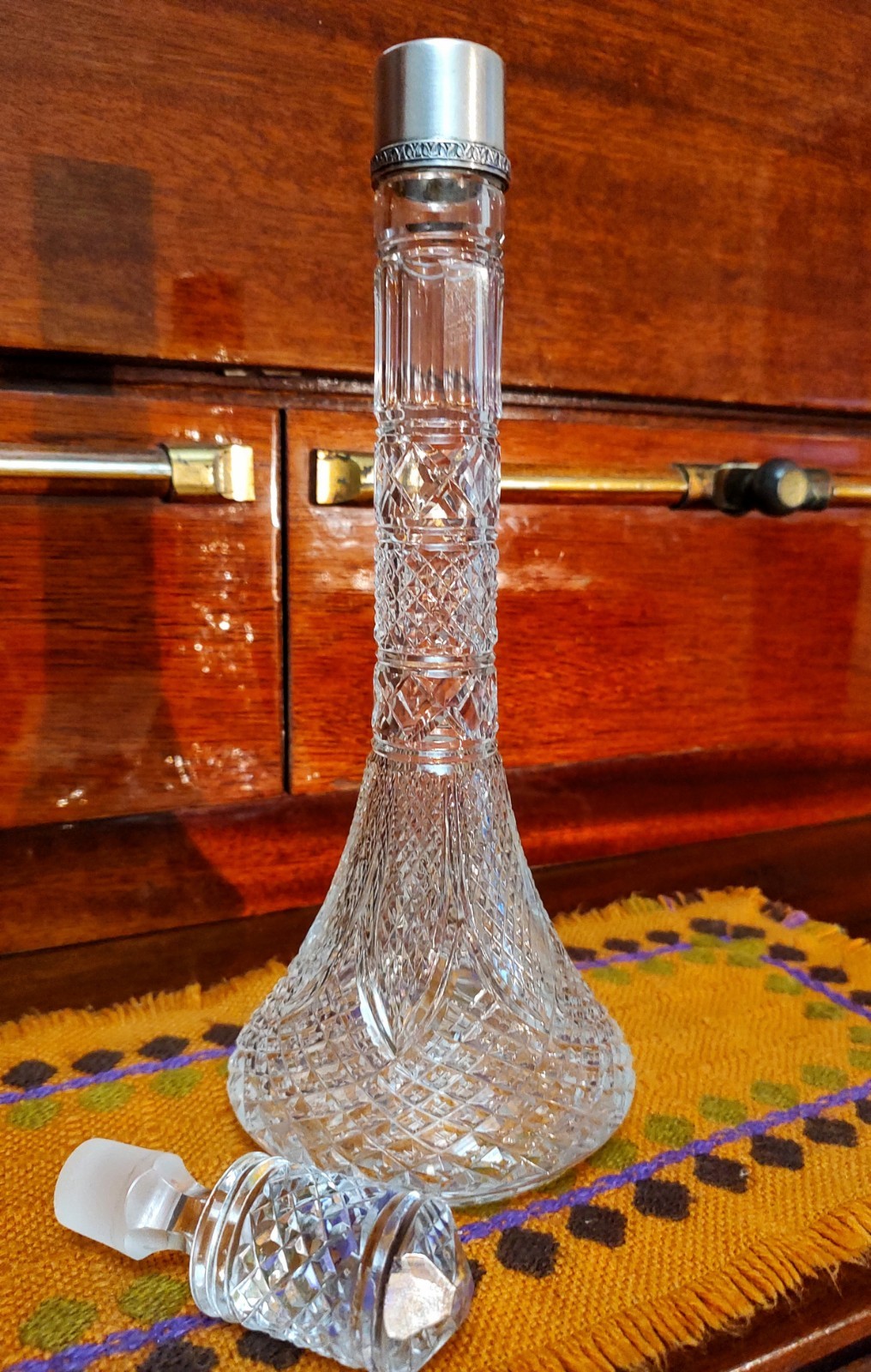 Vintage crystal decanter with sterling silver finial 875°,USSR,height 33 cm