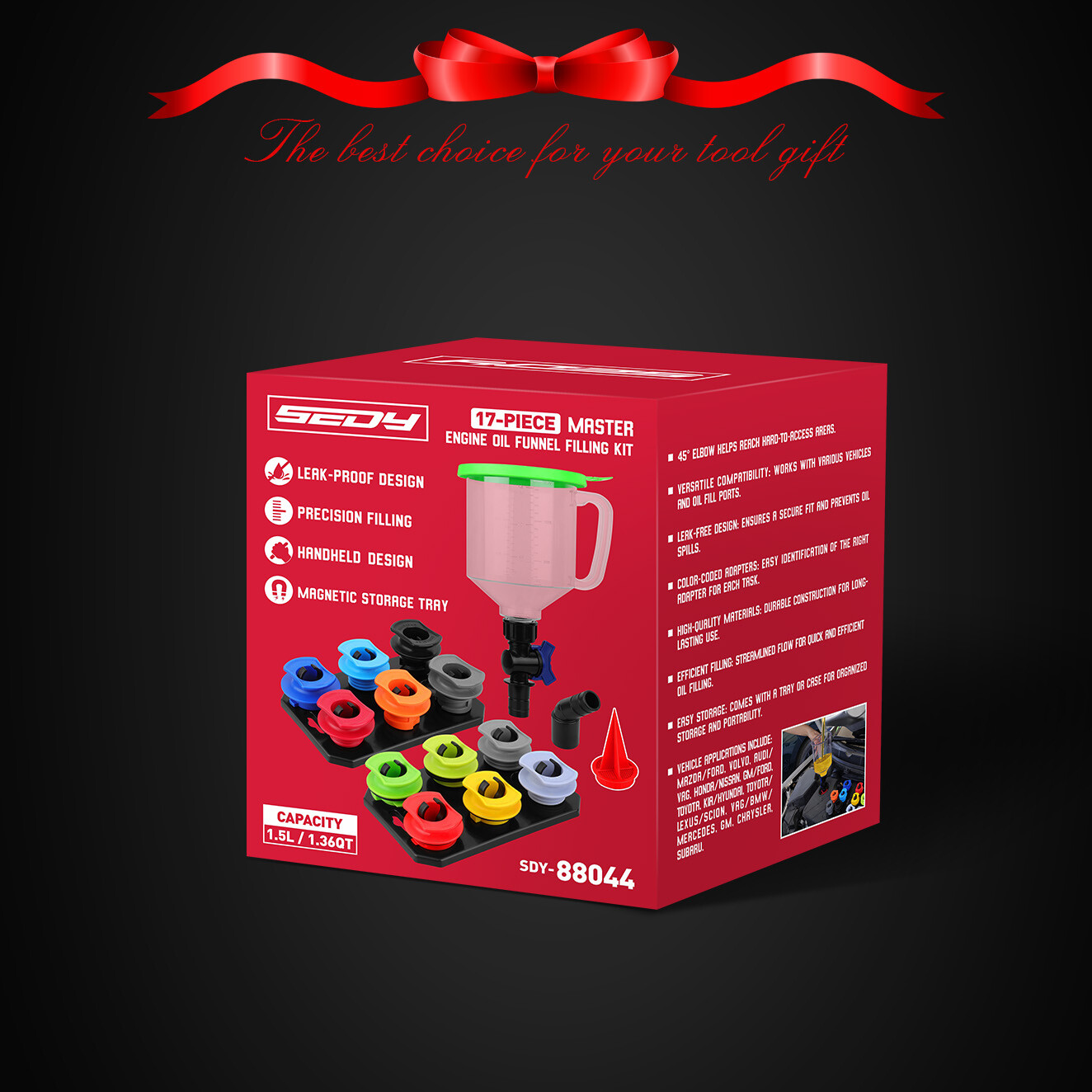 17-Piece Engine Oil Funnel Set 1.36 qt with 12 Adapters Magnetic Storage Trays