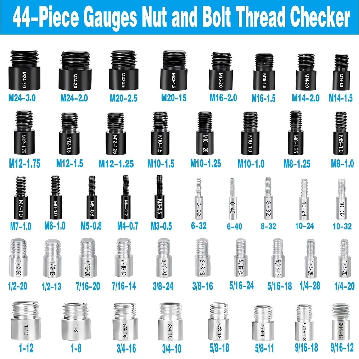 44PCS Inch & Metric Set Nut & Bolt Thread Checker Identifier Thread Gauges Box
