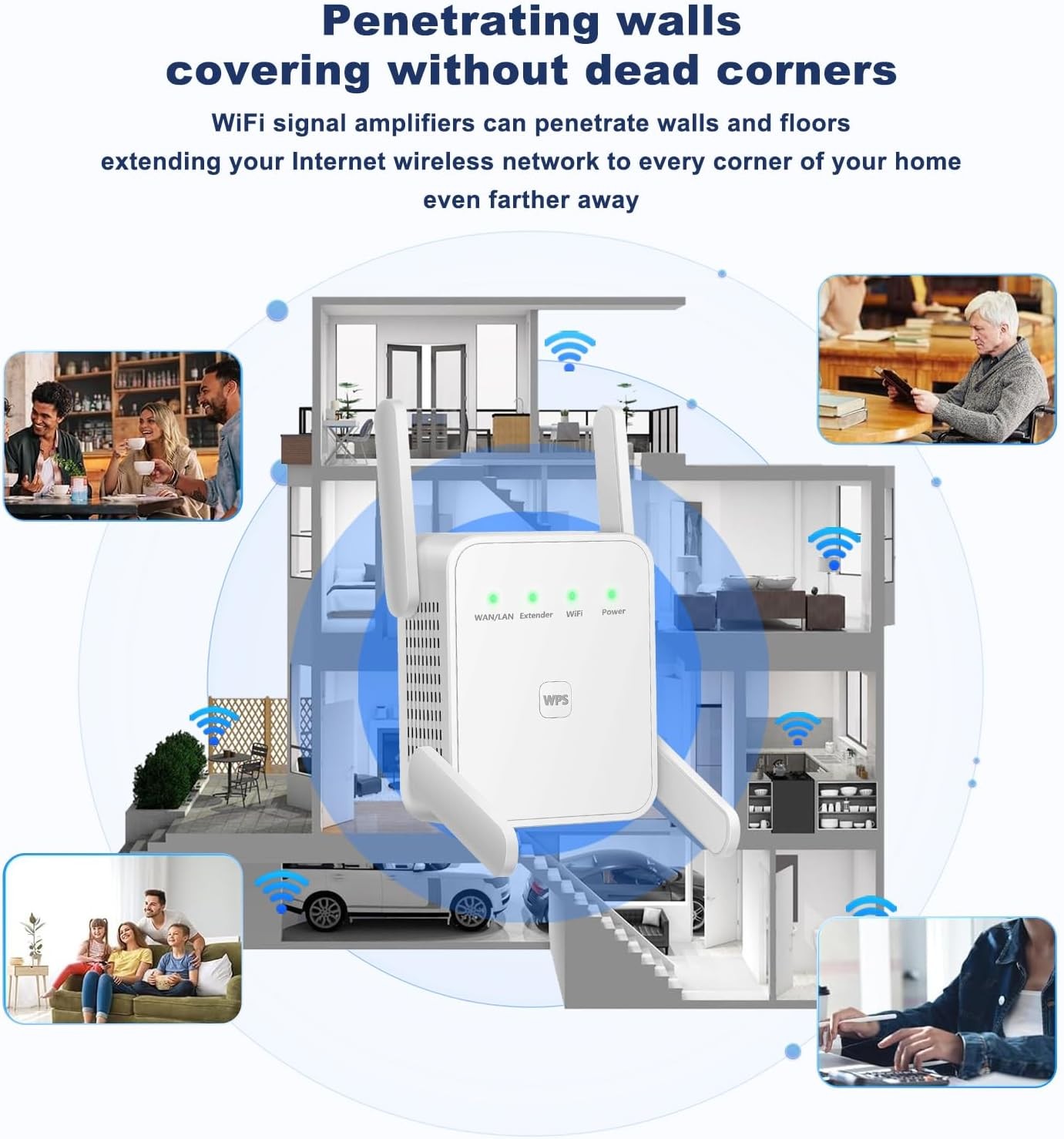 4-Antennas 300M WiFi Extender Repeater Amplifier 2.4GHz Enhancer Booster White