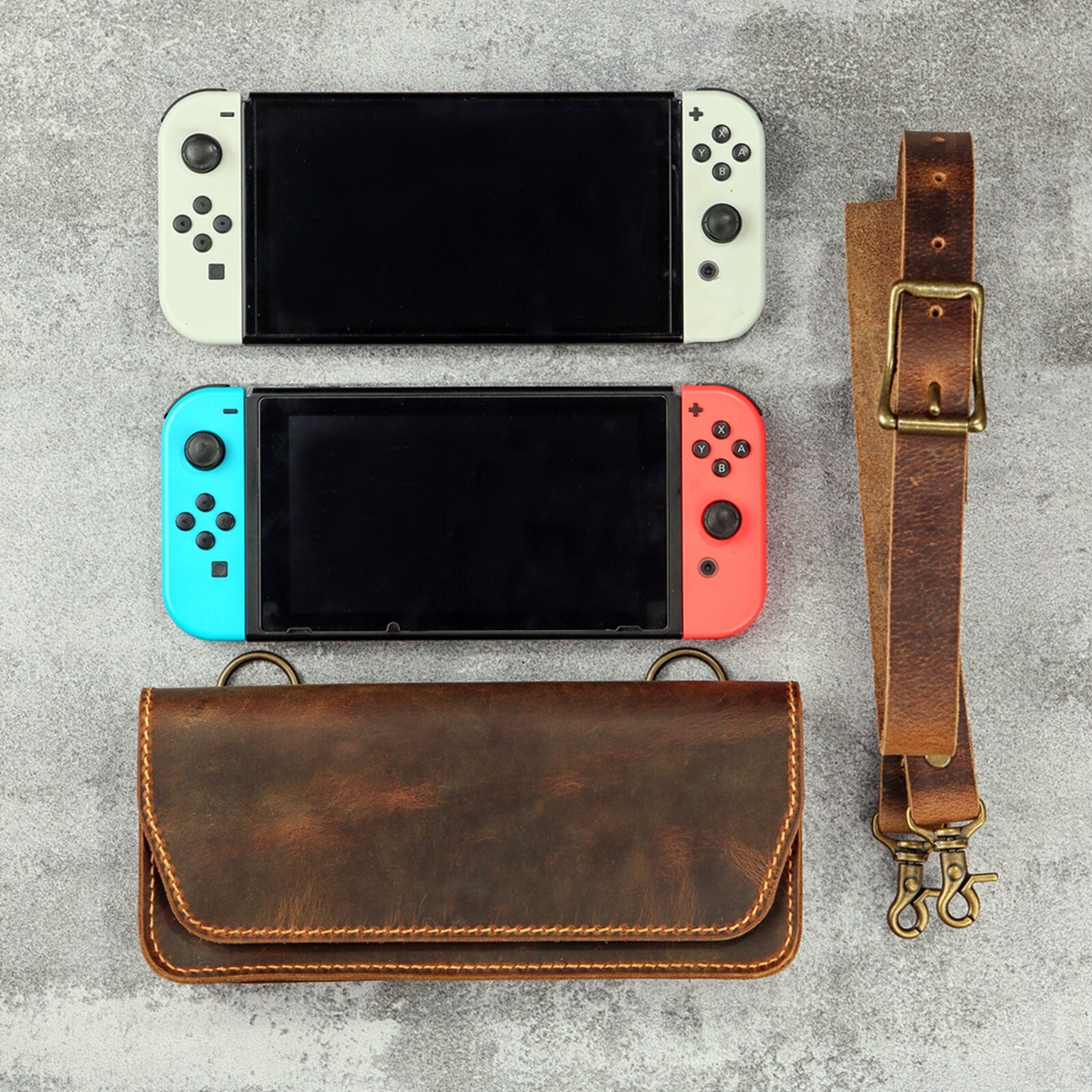 Custom Brown Leather Case for Nintendo Switch OLED, Gift for Nintendo lover