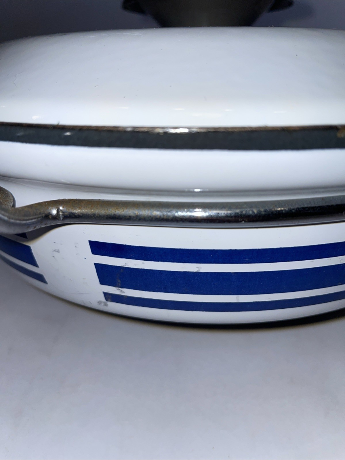 Cathrineholm Norway Blue Stripe White 8.5” Wide Enamel Frying Pan Skillet