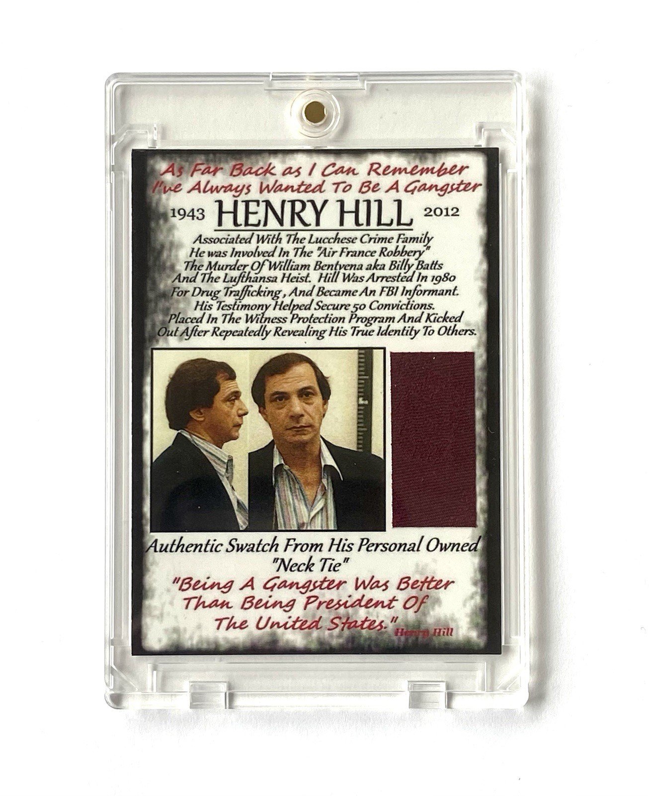 Henry Hill “GOODFELLA” Authentic Tie Relic Card Comes In Collectors Case
