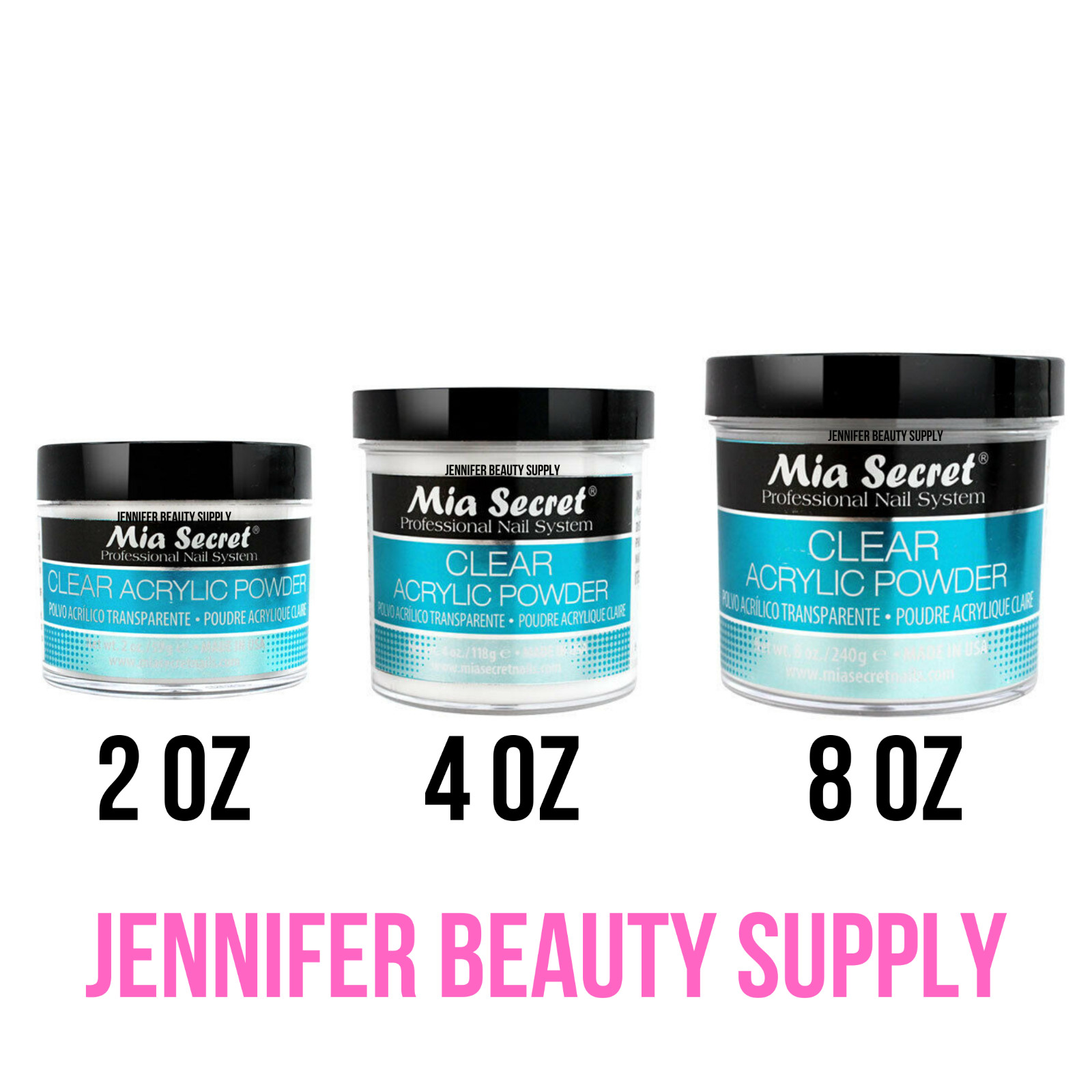 MIA SECRET CLEAR ACRYLIC POWDER 2 OZ 4 OZ 8 OZ | JENNIFER BEAUTY SUPPLY