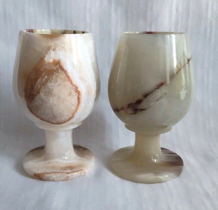 6 Polished Onyx Marble Stemmed Natural Stone 5" Wine Sherry Goblets Chalice Case