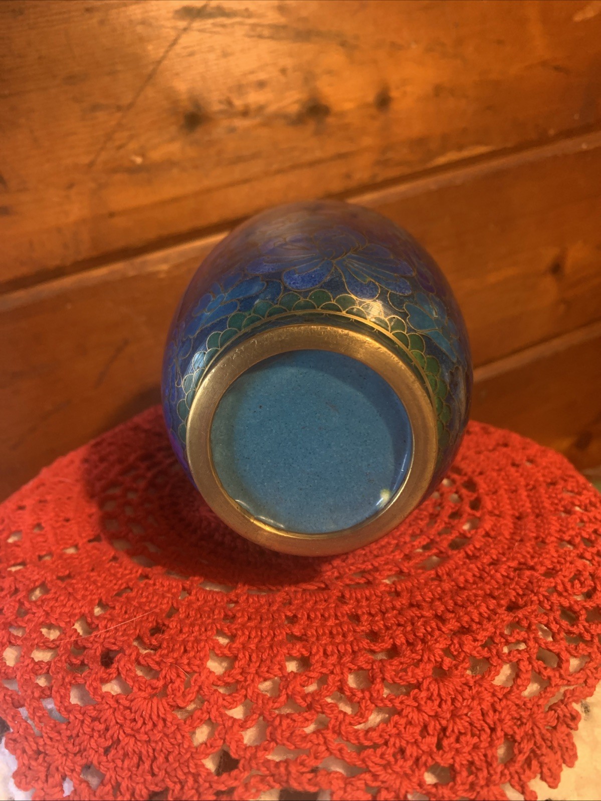 Vintage Chinese Cloisonné Enamel Blue Floral Vase With Gold Gilt 7.25 Tall