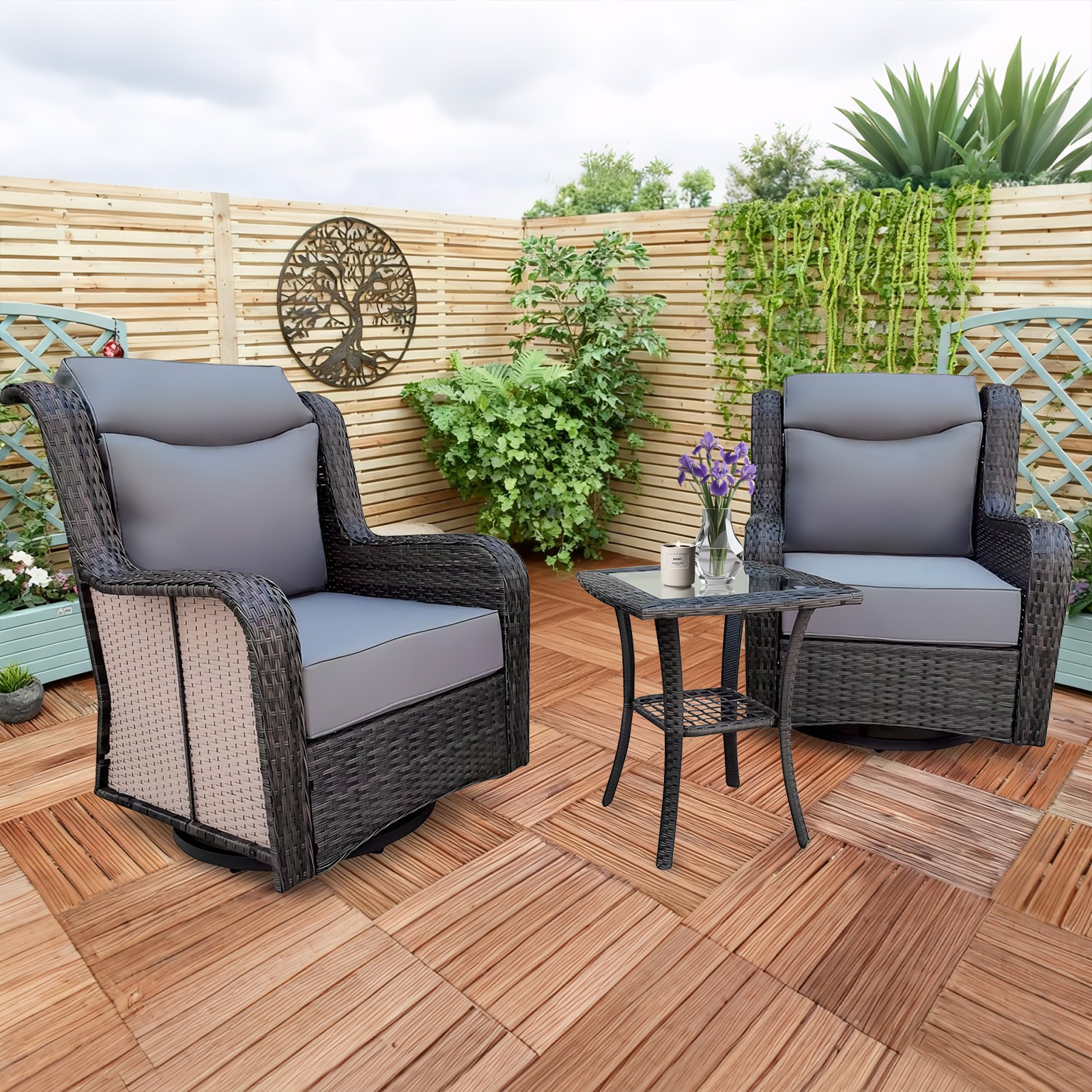 3PCS Wicker Patio 360° Swivel Rocker, Outdoor Swivel Rocking Chair Set w/ Table