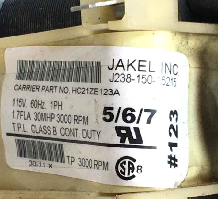 JAKEL J238-150-15215 Draft Inducer Blower Motor HC21ZE123A 115V used #L10