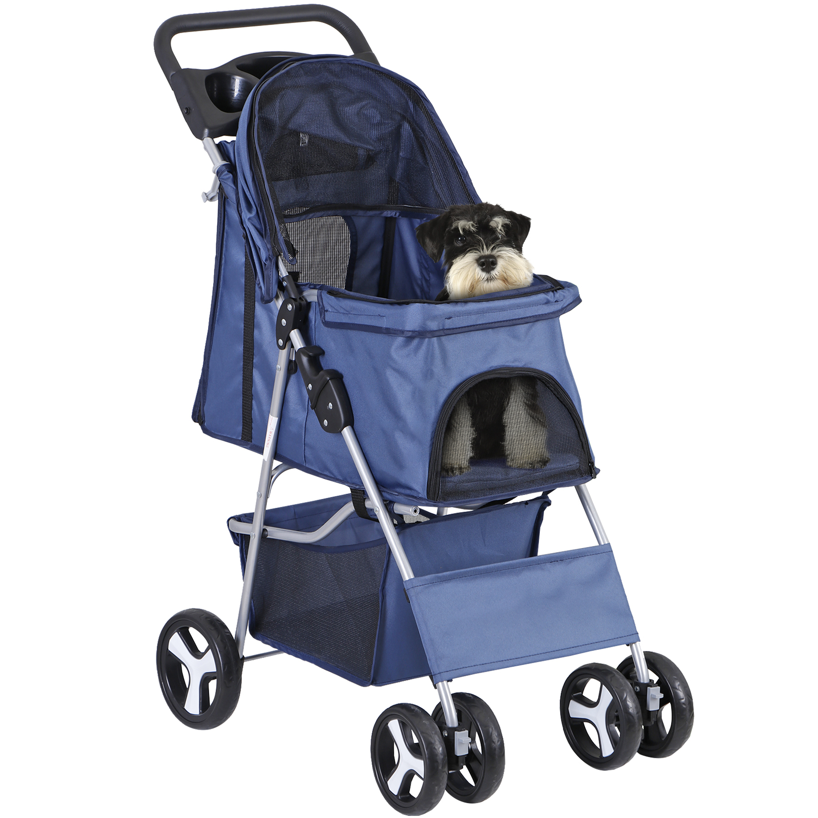4 Wheels Blue Pet Stroller with Cup Holder, Breathable Mesh for S/M Dog Cat